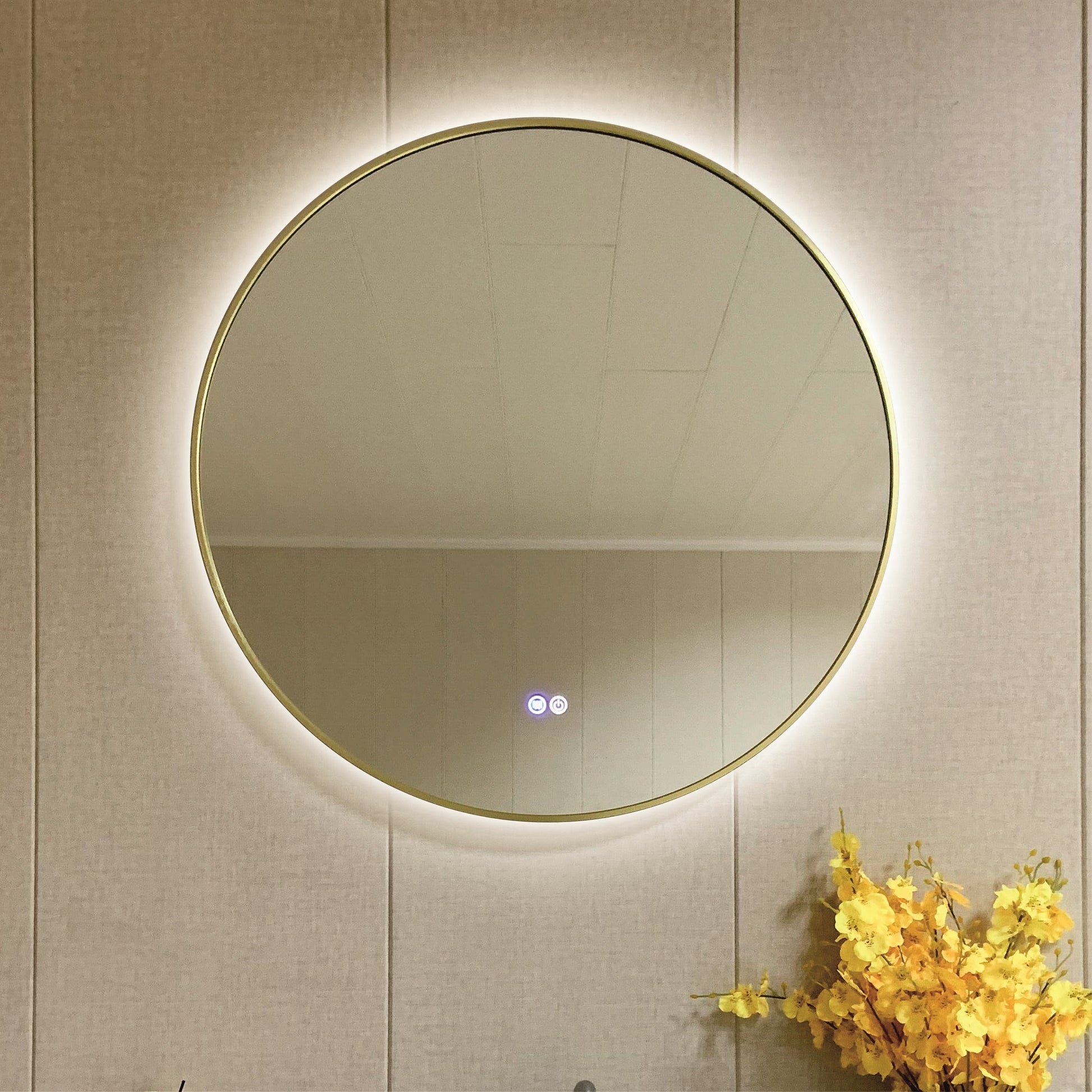 Огледало с осветление 1855/80 Brush Light Gold Ф80 см. кръгло LED огледало с драскано златна рамка, touch управление и антифог, KERANOVA