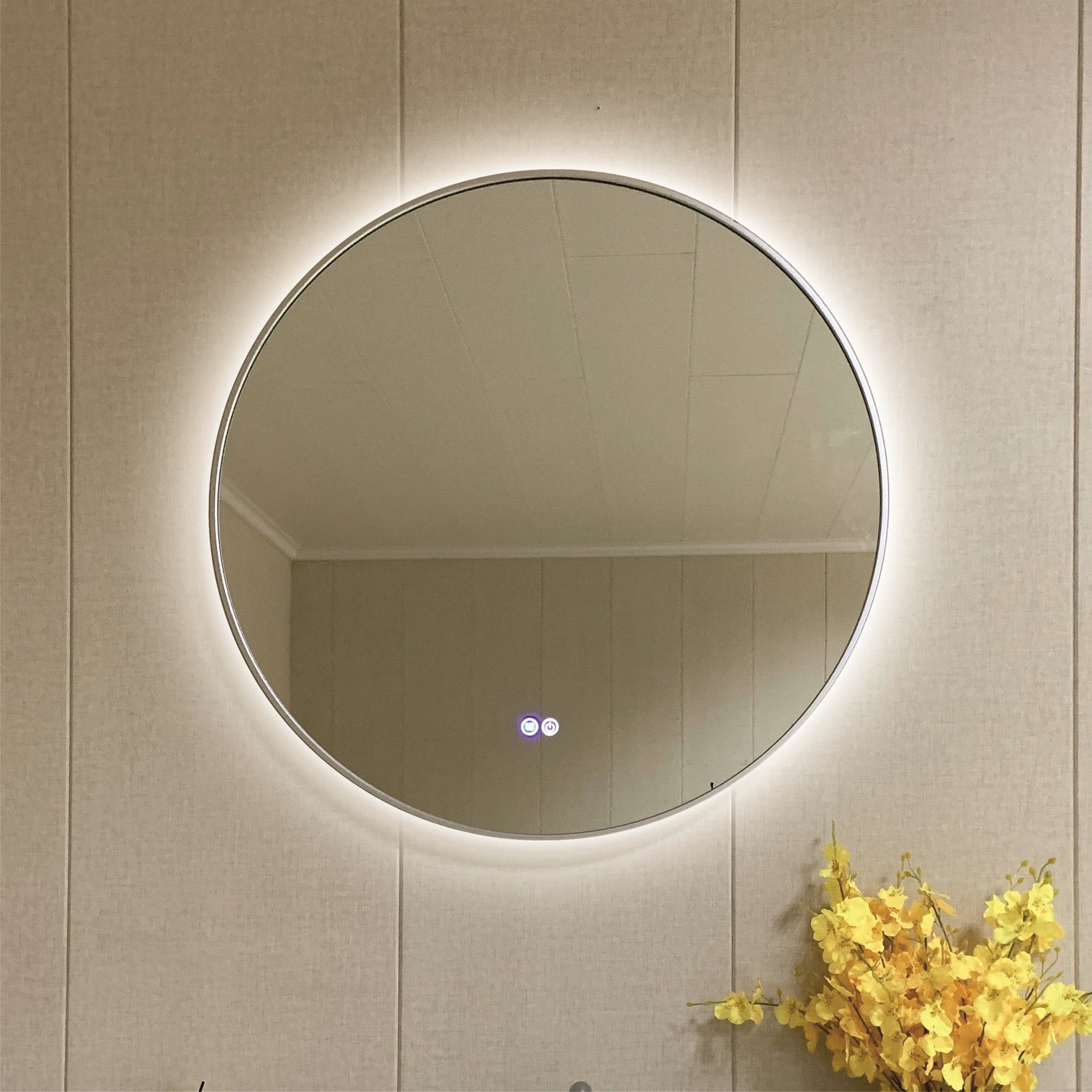 Огледало с осветление 1855/80 Satin Ф80 см. кръгло LED огледало с сатен алуминиева рамка, touch управление, нагревател и IP44 – KERANOVA