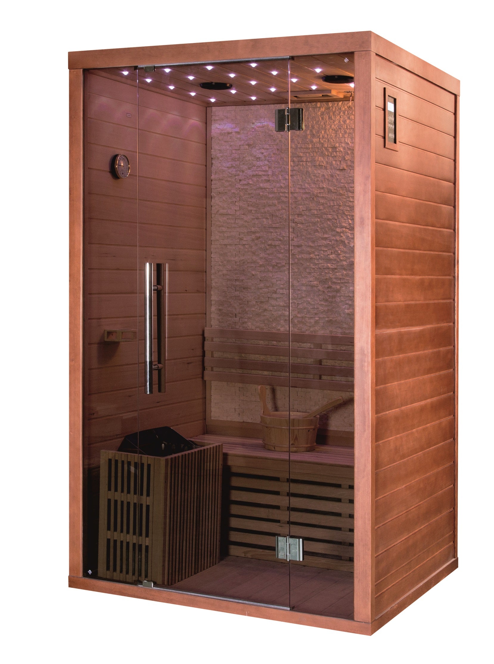 Сауна ICL 407 120х110х210 см. от канадска ела с печка Havria 4.5 kW, LED осветление, 2 места — KERANOVA онлайн магазин