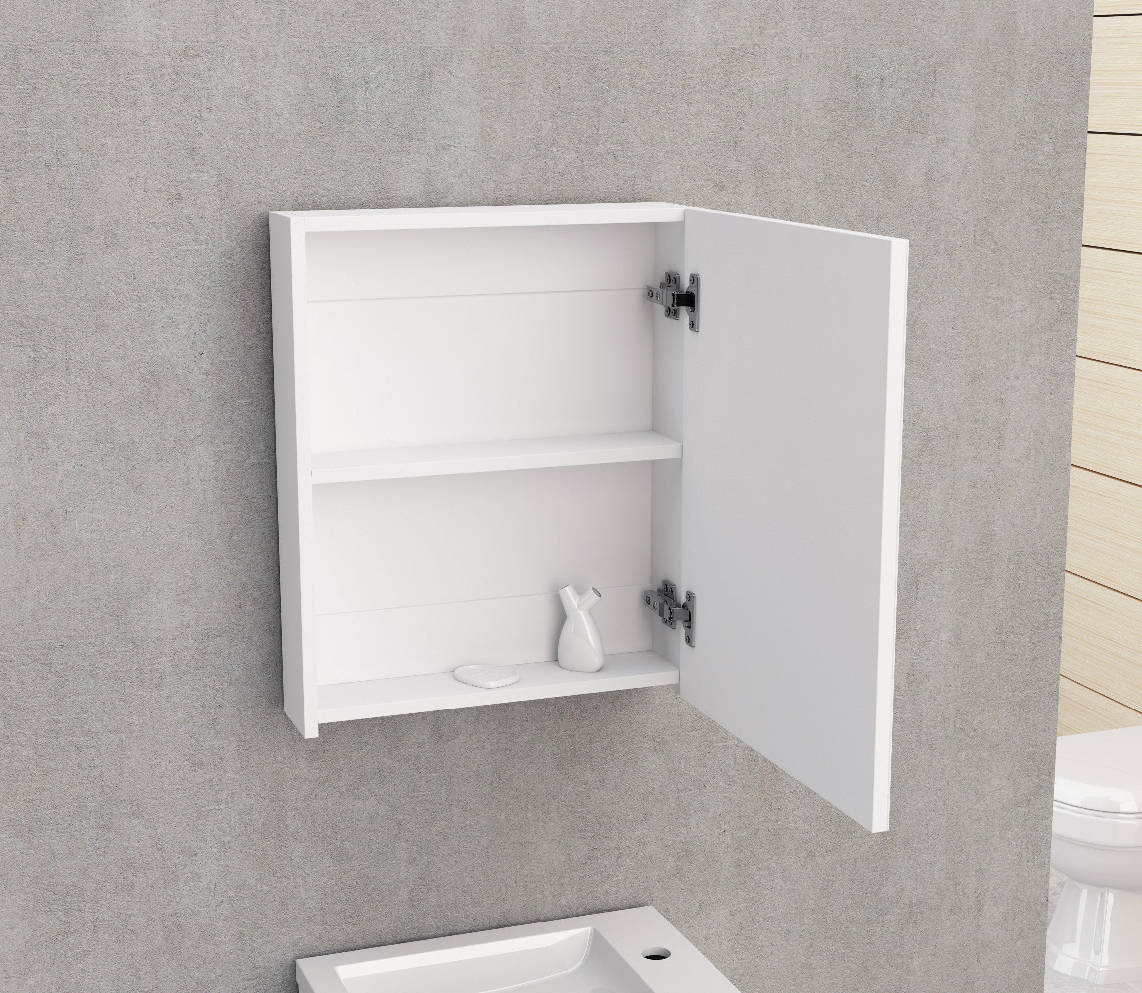 Alt Tag: Огледален шкаф ICMC 4512-55 45х55 см. бял гланц за баня, еднодверен с soft close панти, ПВЦ, KERANOVA онлайн магазин