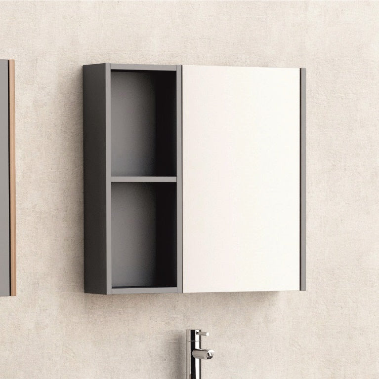 Огледален шкаф ICMC 6014-60MG 60 см. – горен PVC шкаф за баня с едно огледало, сив мат и дървесно покритие, soft close панти – KERANOVA