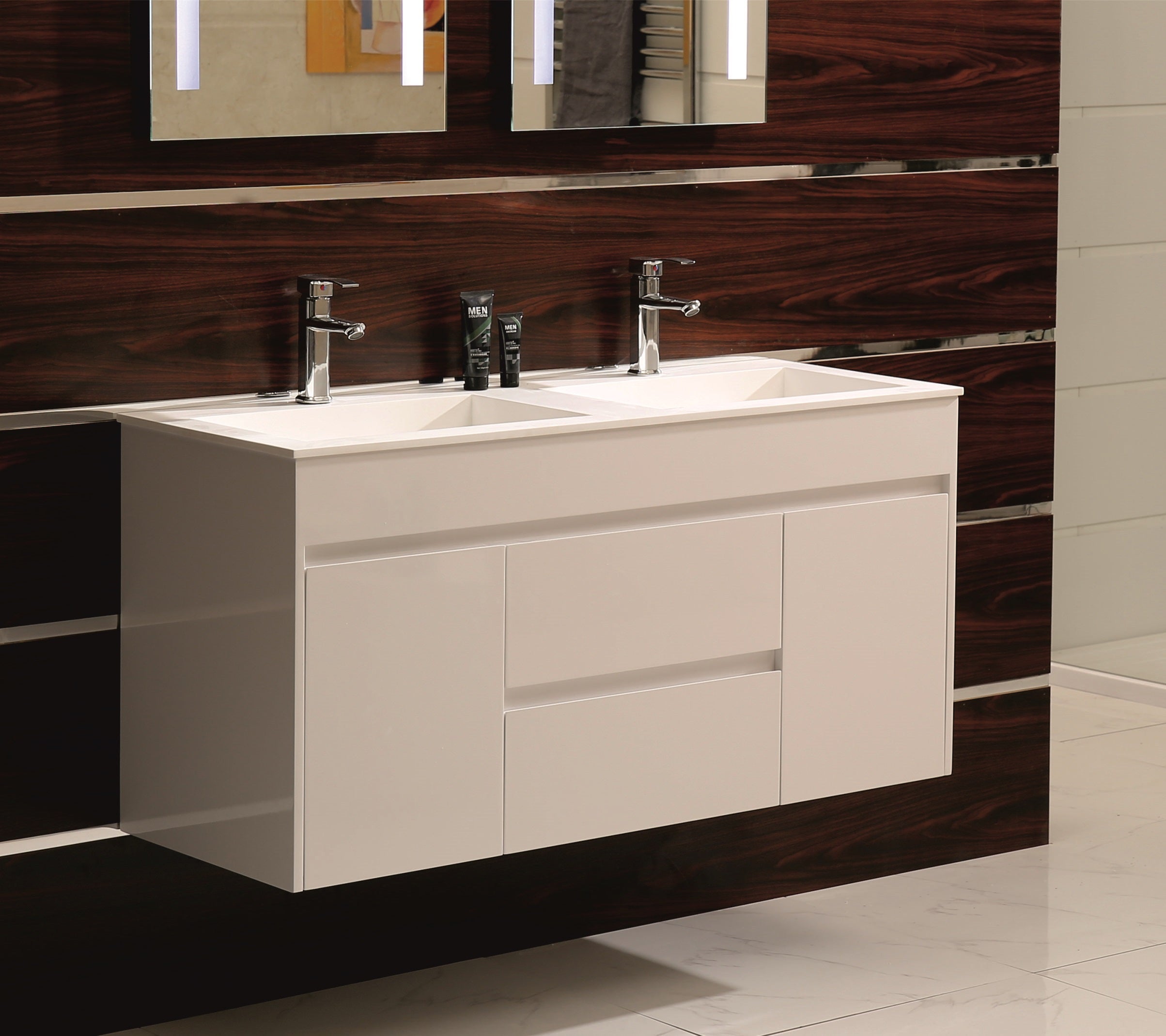 Шкаф с мивка Eva ICP 12046 120 см. бял гланц с двоен умивалник, водо и влагоустойчив PVC шкаф за баня от KERANOVA