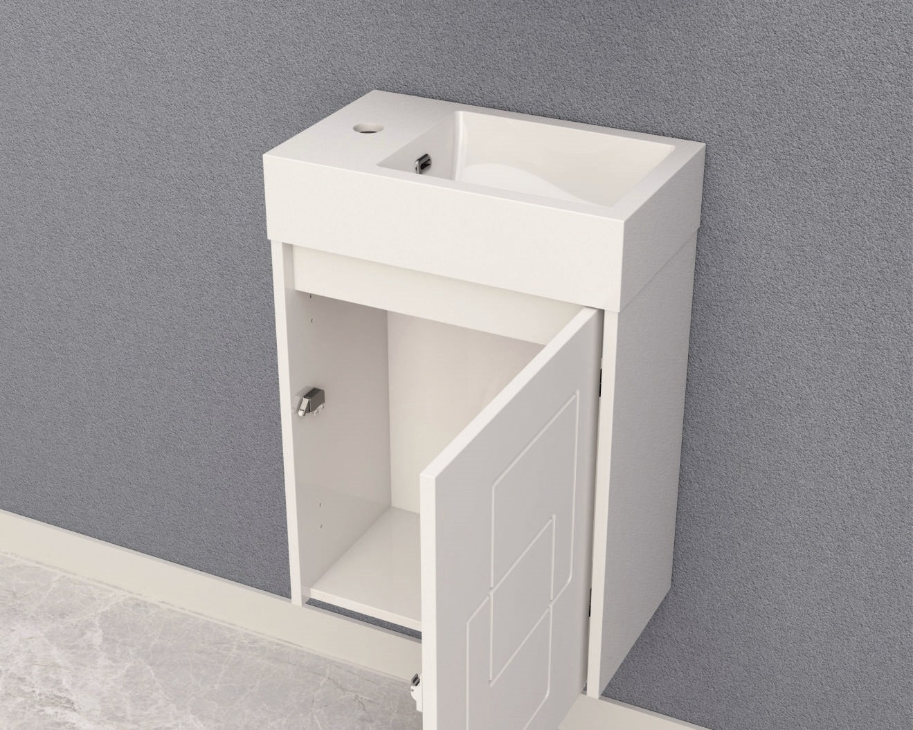 Шкаф с мивка ICP 4530 NEW 46х26 см. бял гланц, водоустойчив PVC шкаф за баня с мивка от смола и плавно затваряне - KERANOVA