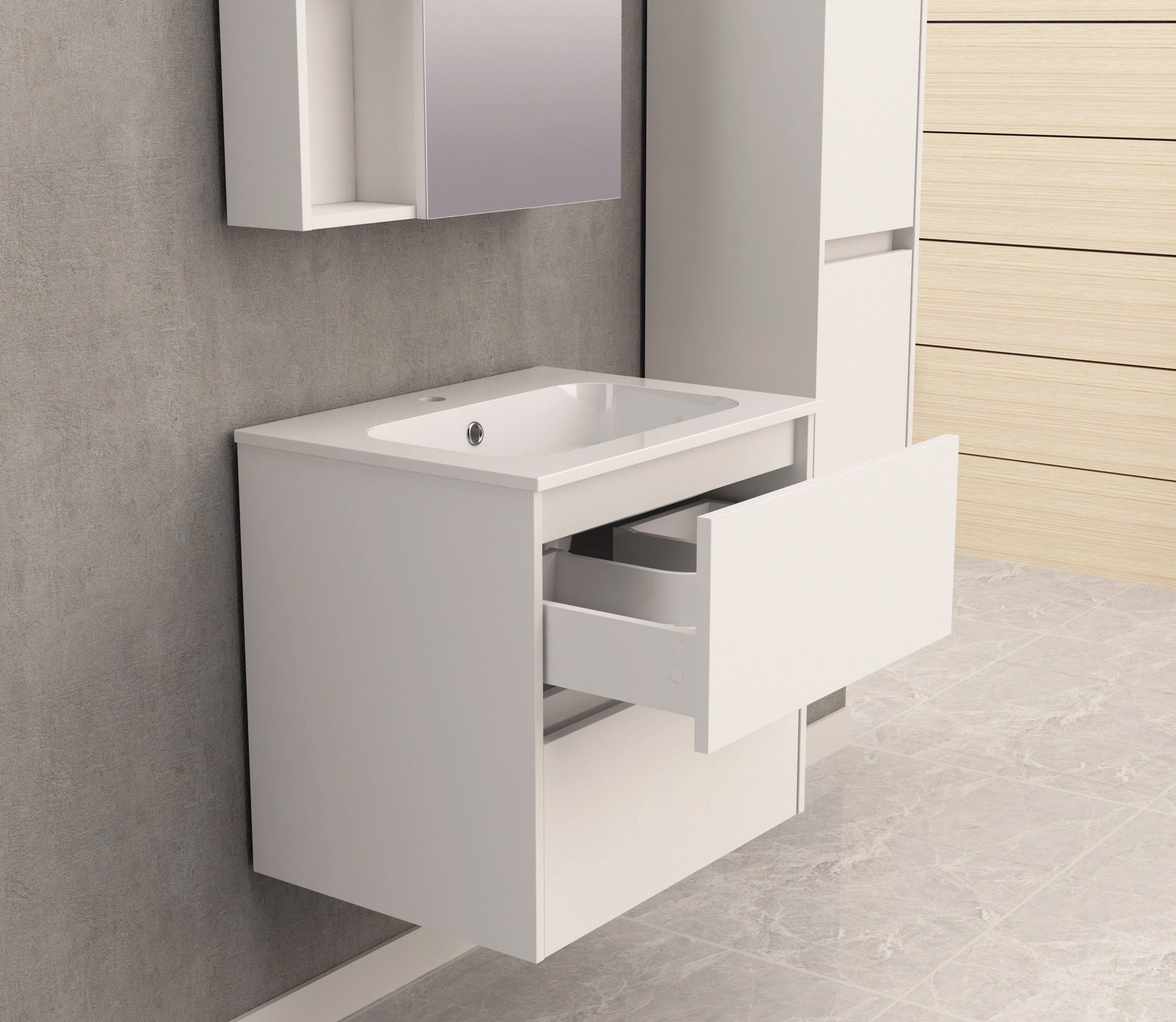 Шкаф с мивка ICP 5955 60 см. бял гланц PVC, мебелна мивка 60х46 см, две чекмеджета с плавно затваряне - KERANOVA