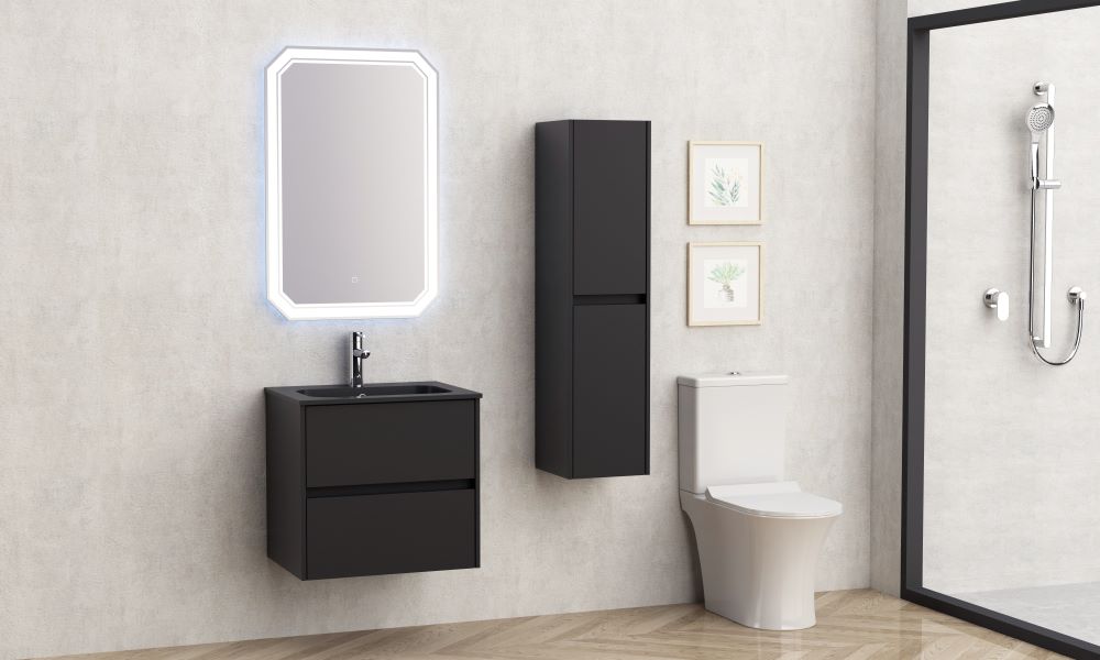Мебел за баня Blake 60 см. черен матов шкаф под мивка с две чекмеджета, мивка от смола, LED огледало и колона – онлайн магазин KERANOVA