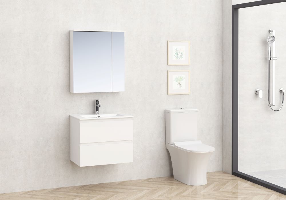 Мебел за баня Monza 60 см. бял гланц шкаф под мивка и огледален шкаф LED – онлайн магазин KERANOVA