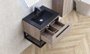 шкаф с мивка ICP 6050-020 Kalitea в модерен банен интериор, дървено тяло с черна мивка и отворен чекмедже - онлайн магазин KERANOVA