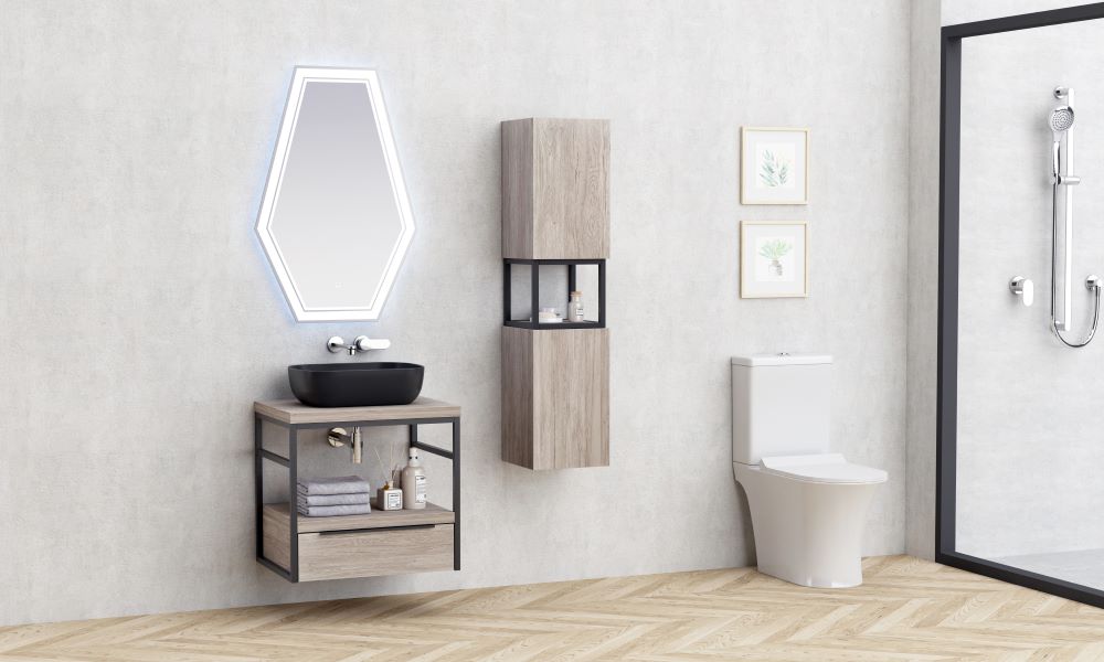 Мебел за баня Kalitea 60 см. модерен PVC шкаф с меламиново покритие, черна порцеланова мивка и алуминиеви дръжки - KERANOVA онлайн магазин