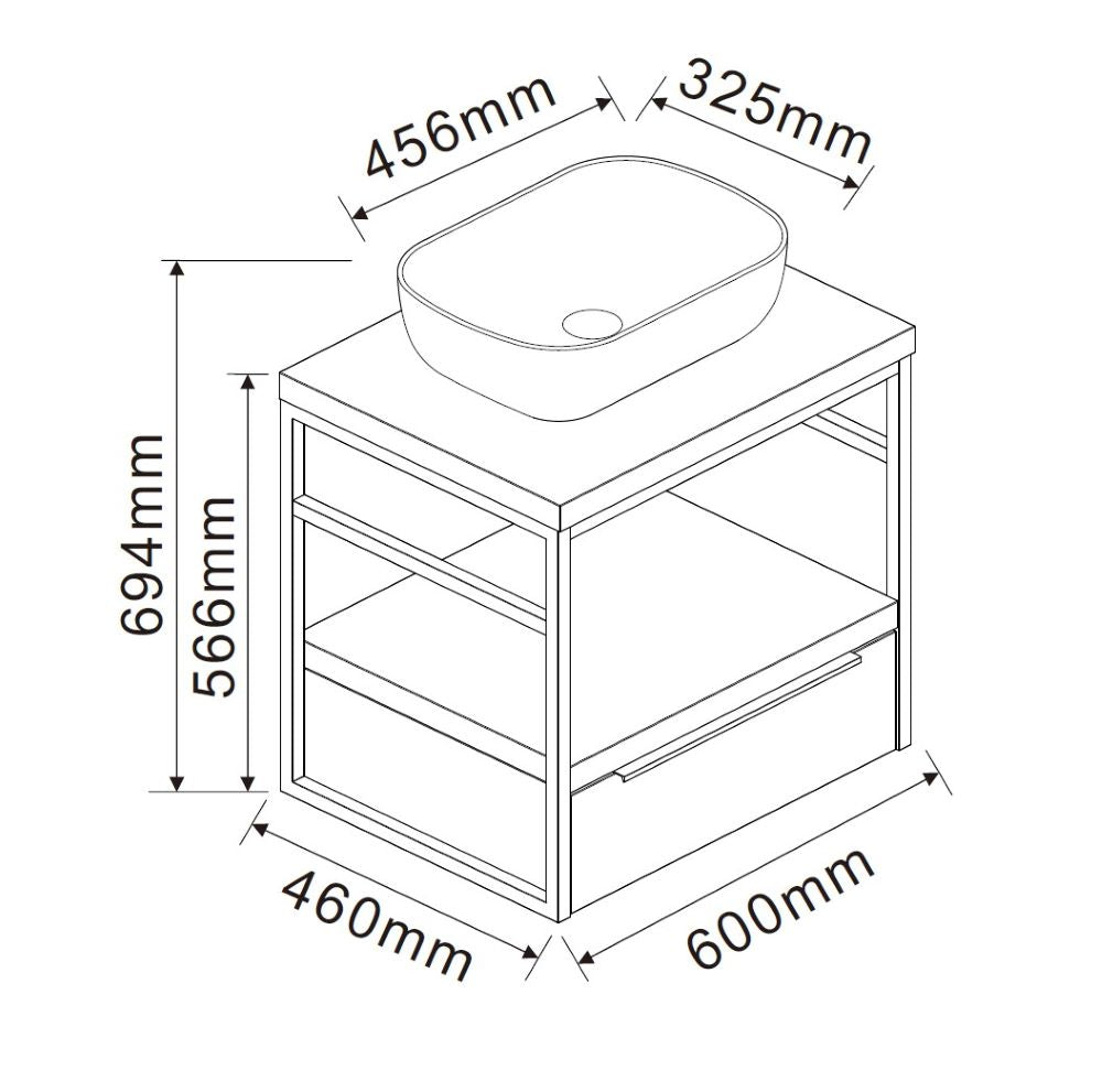 Мебел за баня Kalitea 60 см. чертеж с размери 600x460x694 мм, мивка 456x325 мм, чекмедже, метална рамка - онлайн магазин KERANOVA
