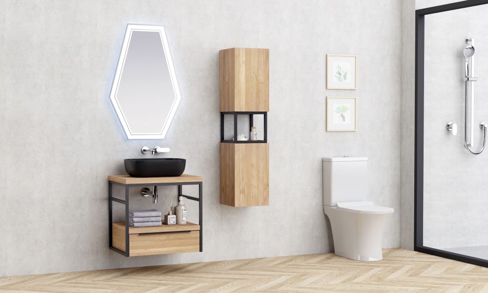 Мебел за баня Komo 60 см. - модерен PVC шкаф с мивка, черен мат порцелан, алуминиеви дръжки и метална рамка в онлайн магазин за обзавеждане за бани KERANOVA