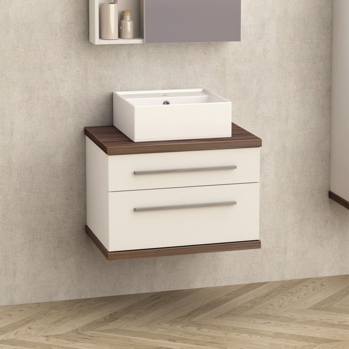 Шкаф с мивка ICP 6144-2 60 см. бял гланц с дървесен плот, мивка ICB 865, две чекмеджета, онлайн магазин за обзавеждане за бани KERANOVA