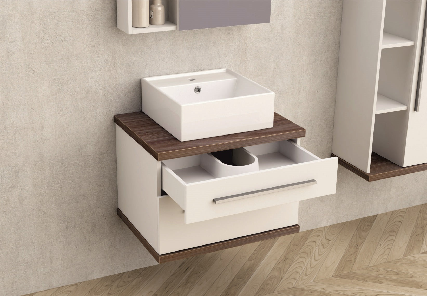 Шкаф с мивка ICP 6144-2 60 см. водо и влагоустойчив ПВЦ бял гланц с дървесен плот и две плавно затварящи се чекмеджета - KERANOVA