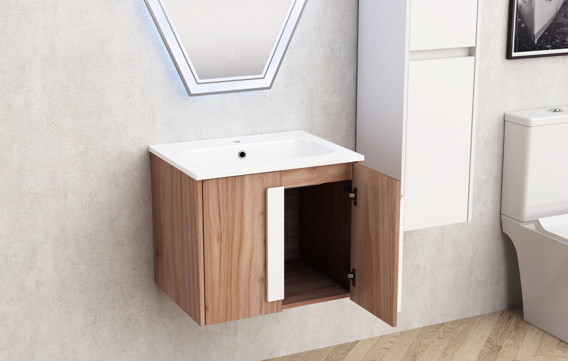 Шкаф с мивка ICP 6451-1 60 см. PVC водо- и влагоустойчив шкаф за баня с дървесно покритие и бяла смолна мивка - KERANOVA онлайн магазин