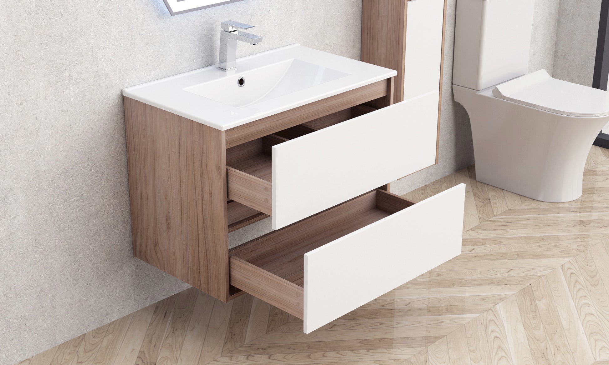 Шкаф с мивка ICP 7555 76 см. – водоустойчив ПВЦ шкаф за баня с две плавно затварящи се чекмеджета, бял гланц и мебелна мивка 76х46 см