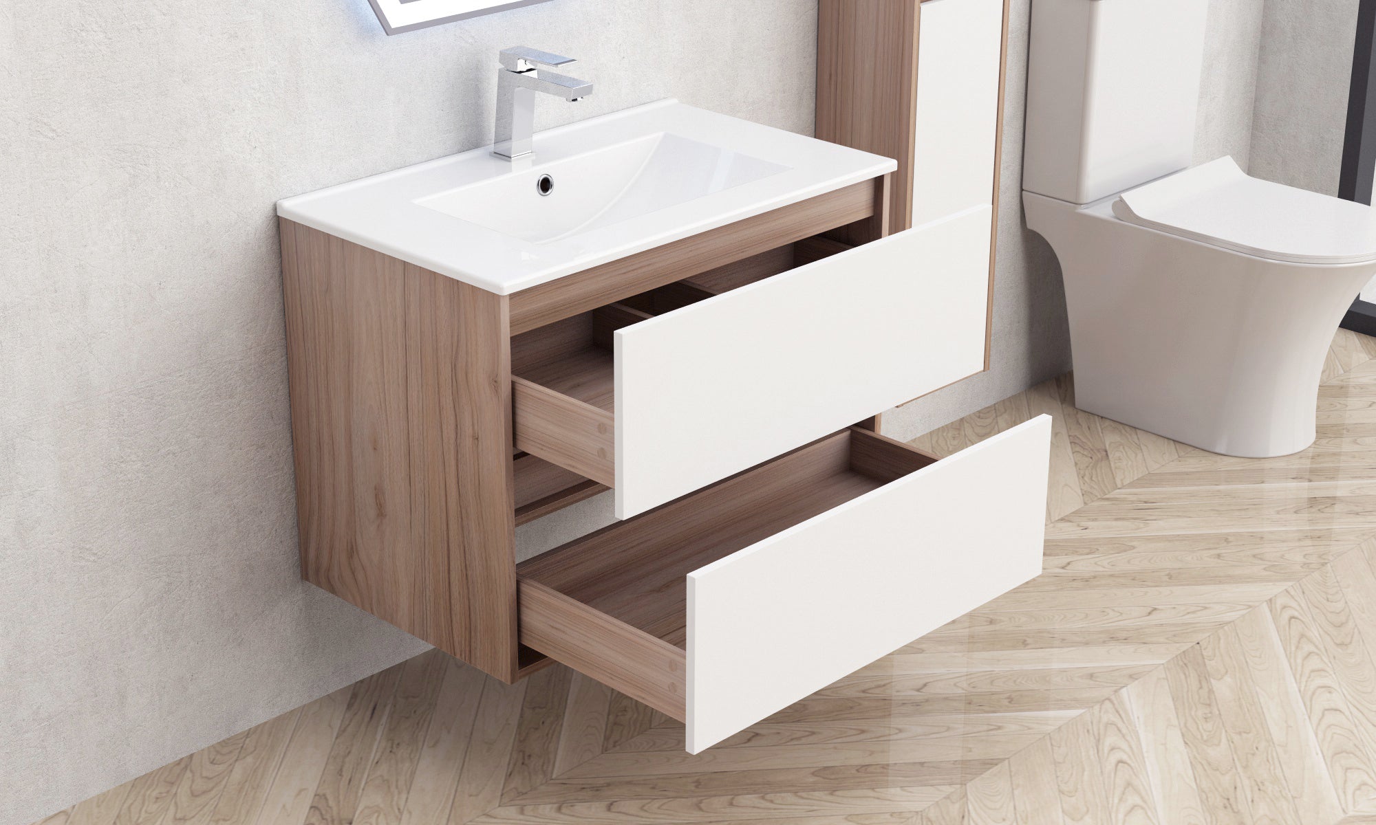 Шкаф с мивка ICP 7555 76 см. – водоустойчив ПВЦ шкаф за баня с две плавно затварящи се чекмеджета, бял гланц и мебелна мивка 76х46 см