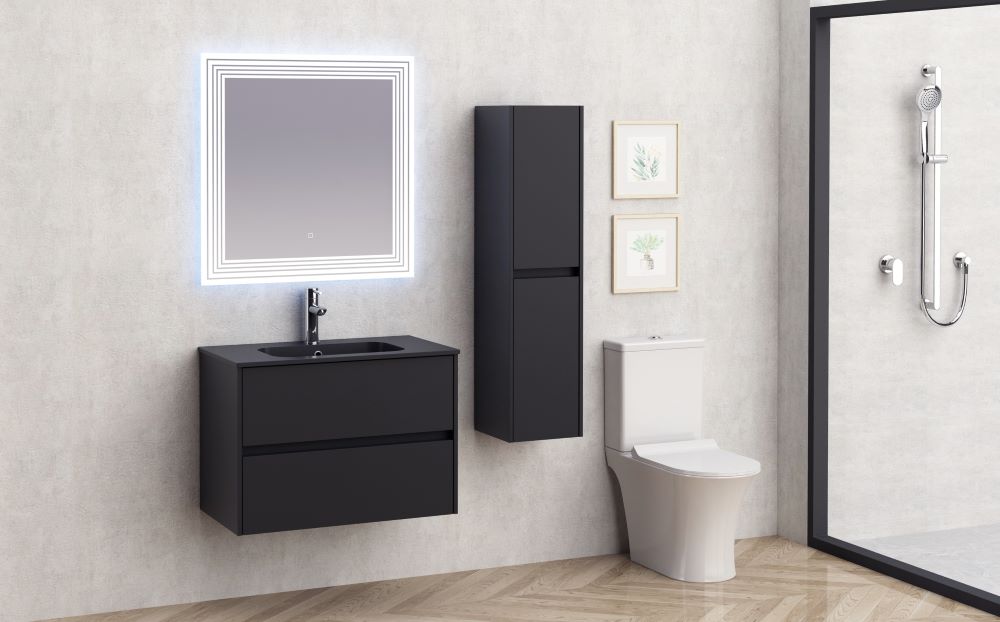 Мебел за баня Blake 80 см. черен мат шкаф под мивка, колона и LED огледало от PVC - онлайн магазин KERANOVA
