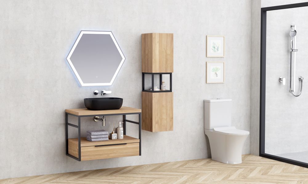 Мебел за баня Komo 80 см. - плаващ PVC шкаф с чекмедже, черна порцеланова мивка и алуминиеви дръжки, KERANOVA онлайн магазин