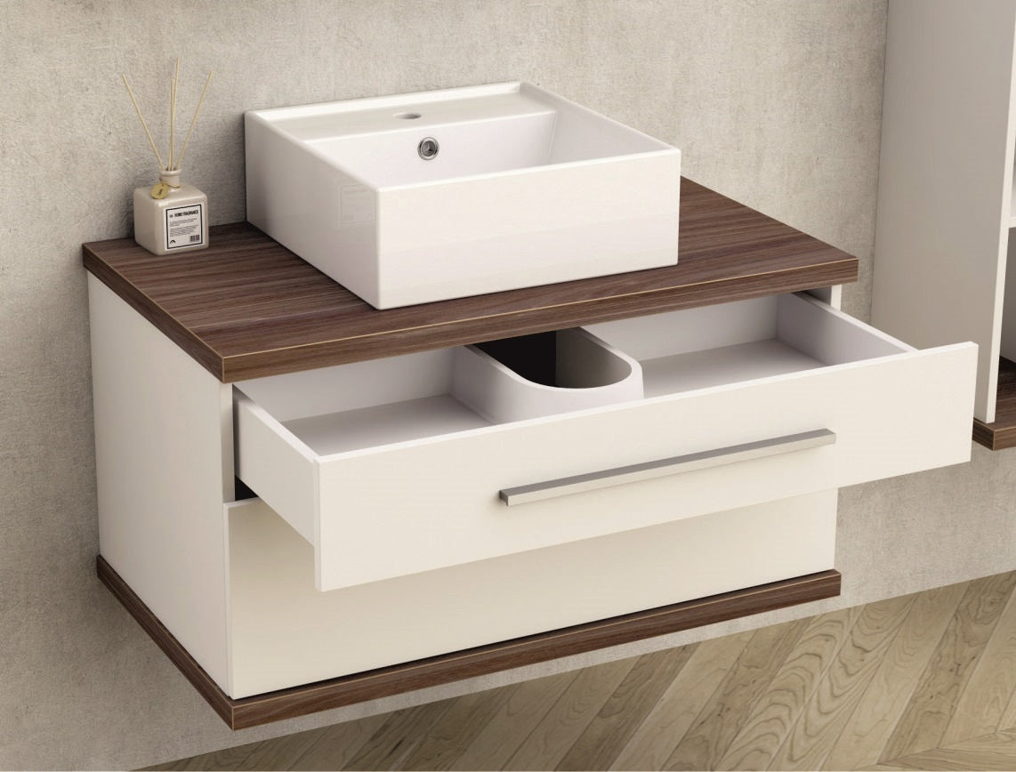 Шкаф с мивка ICP 8144-2 80 см. бял гланц с плот дървесен цвят PS011, мивка ICB 865 и две плавно затварящи се чекмеджета - KERANOVA