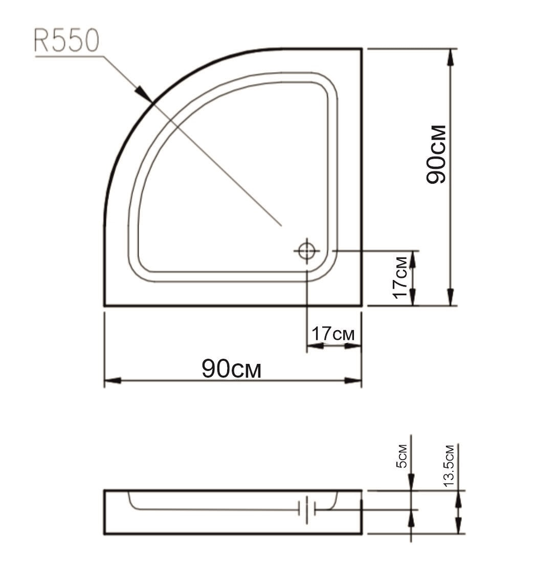 Акрилно корито 90х90 см. – схематичен чертеж на поддушово корито 90x90x13.5 см с сифон и противоплъзгащо дъно, KERANOVA онлайн магазин