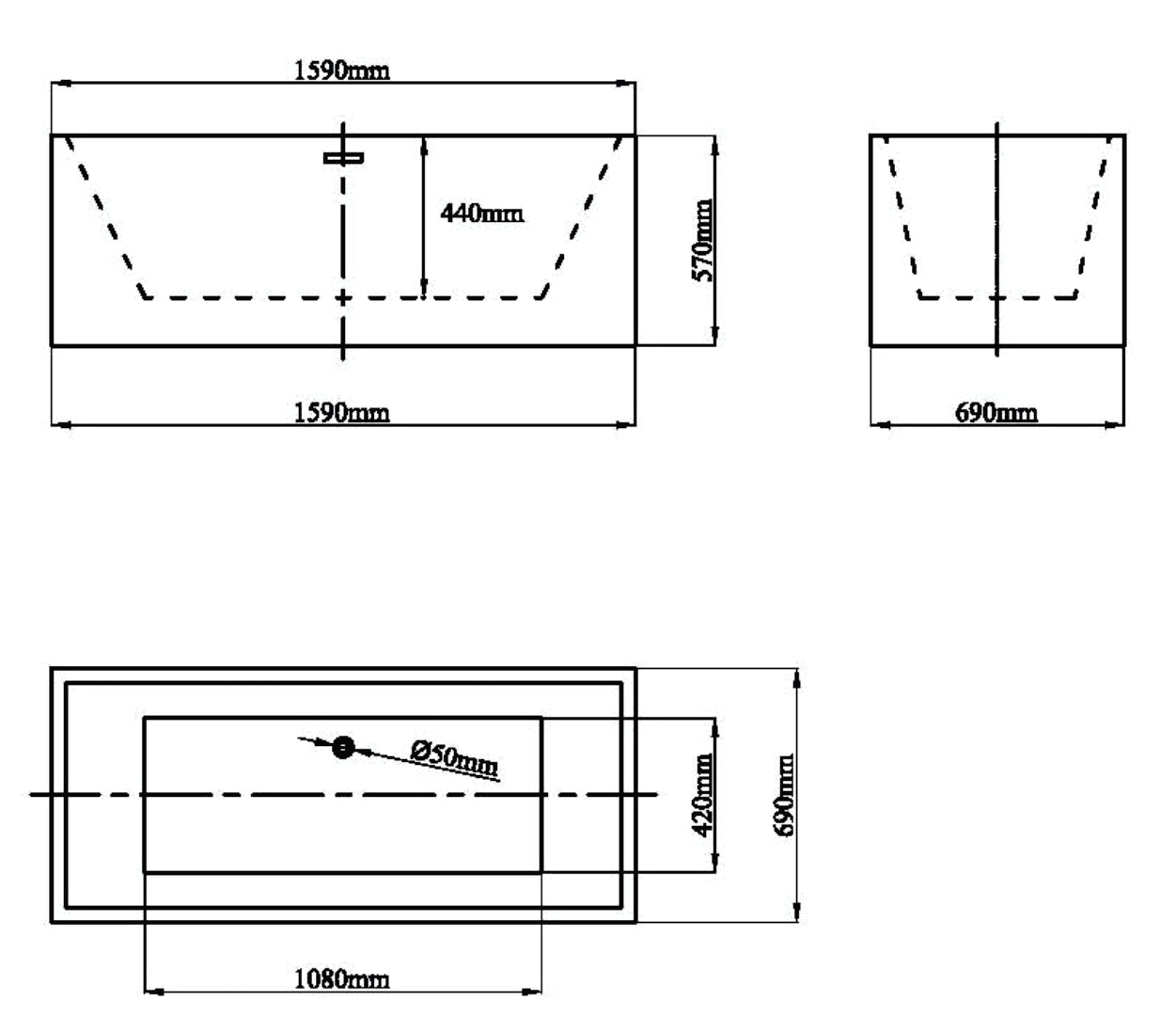 Свободно стояща вана ICSH LB 1651 - 160х69 см. технически чертеж с размери 1590x690 мм и позиция на сифона за онлайн магазин KERANOVA