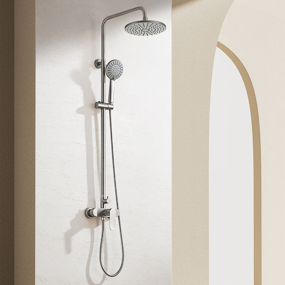 Комплект за баня Marsiliya - сатен телескопична душ колона с дъждовна и ръчна душ глава, матово сатенено покритие, онлайн магазин KERANOVA