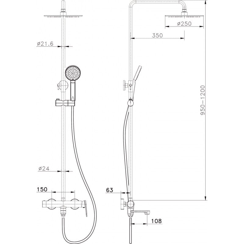 Душ колона с чучур Nero ICC - телескопична черна мат душ колона 24 см пита, ръчен душ, шлаух 150 см, мсингов смесител - KERANOVA