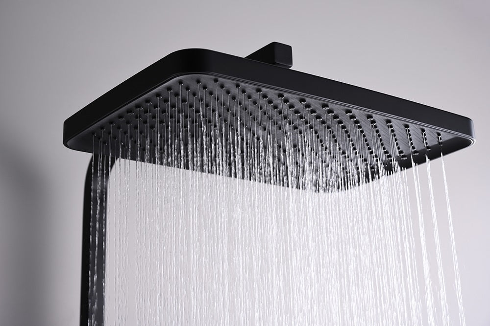 Душ колона с чучур Majestic - черна квадратна душ глава 34x22 см с воден поток, термостатичен смесител, ръчен душ и PVC шлаух - KERANOVA онлайн магазин