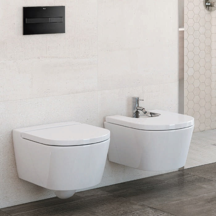 Комплект Duplo + Inspira Round RImless - Roca висящ тоалет и биде за вграждане, промо комплект KERANOVA за модерна баня