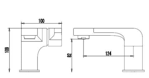 Смесител за биде JB стоящ, технически чертеж с размери 109x100x124mm, онлайн магазин KERANOVA, 5 години гаранция