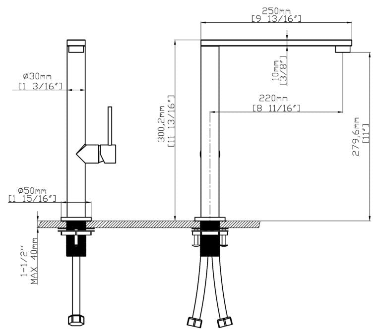 Кухненски смесител Monica Nero Opaco - черен мат, технически чертеж с размери за монтаж, онлайн магазин KERANOVA