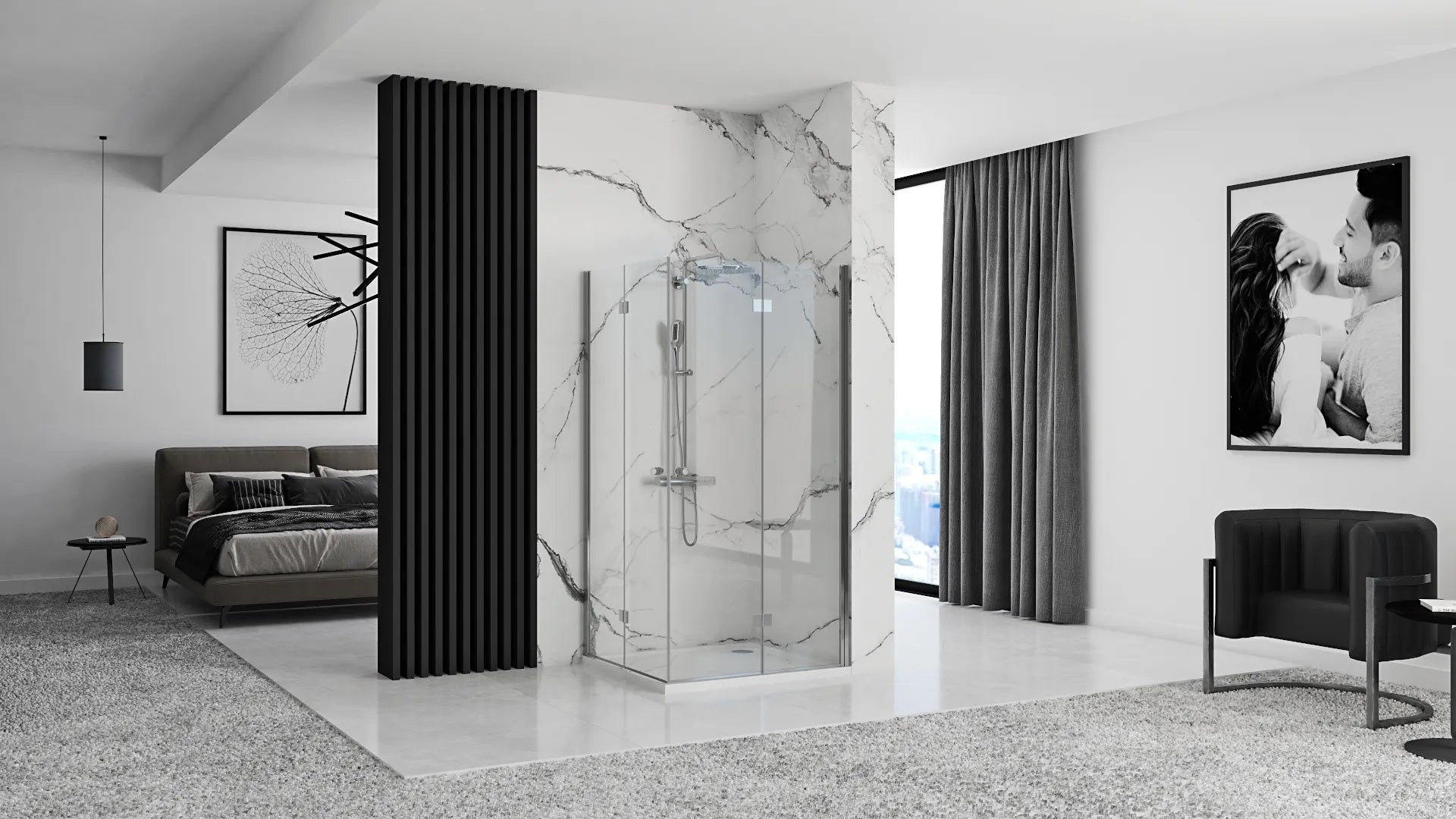 Rea Fold N2 Chrome 90х100 см. - две сгъваеми врати в модерен луксозен интериор, душ кабина със закалено стъкло и хромирани панти - KERANOVA