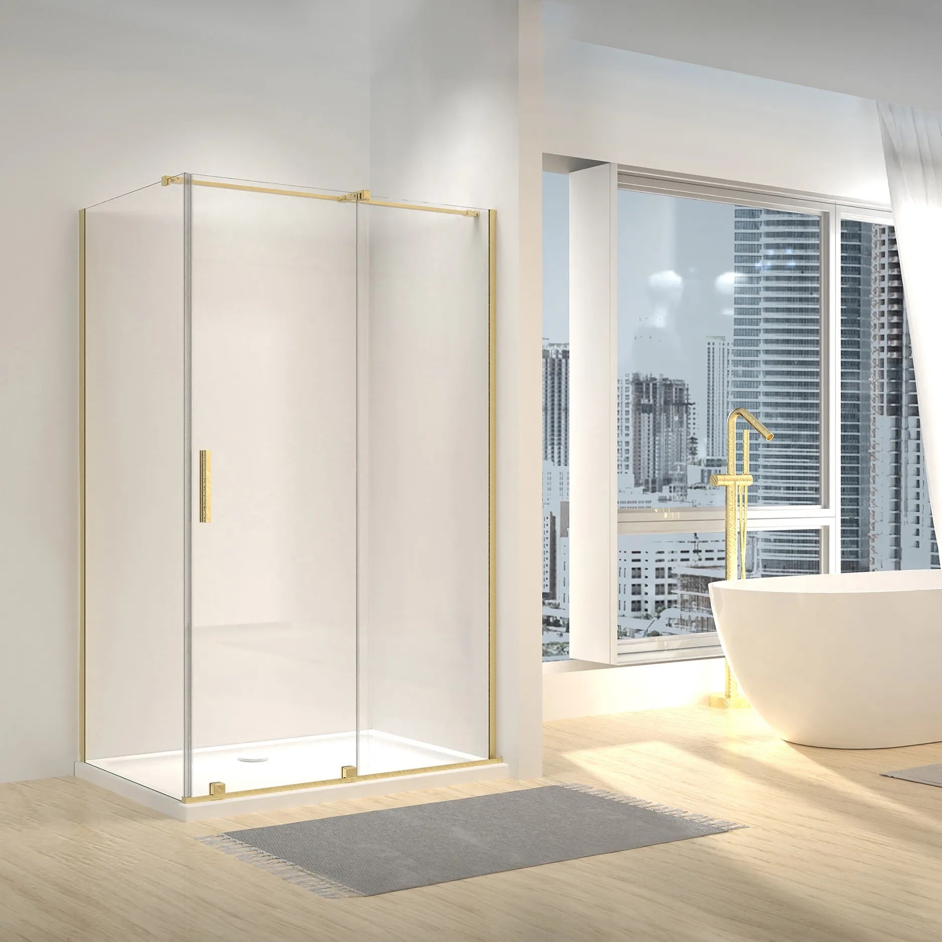 Душ кабина Rea Montana Brushed Gold 100x100 с 6мм прозрачни стъкла, драскано злато обков, магнитни уплътнения — KERANOVA онлайн магазин