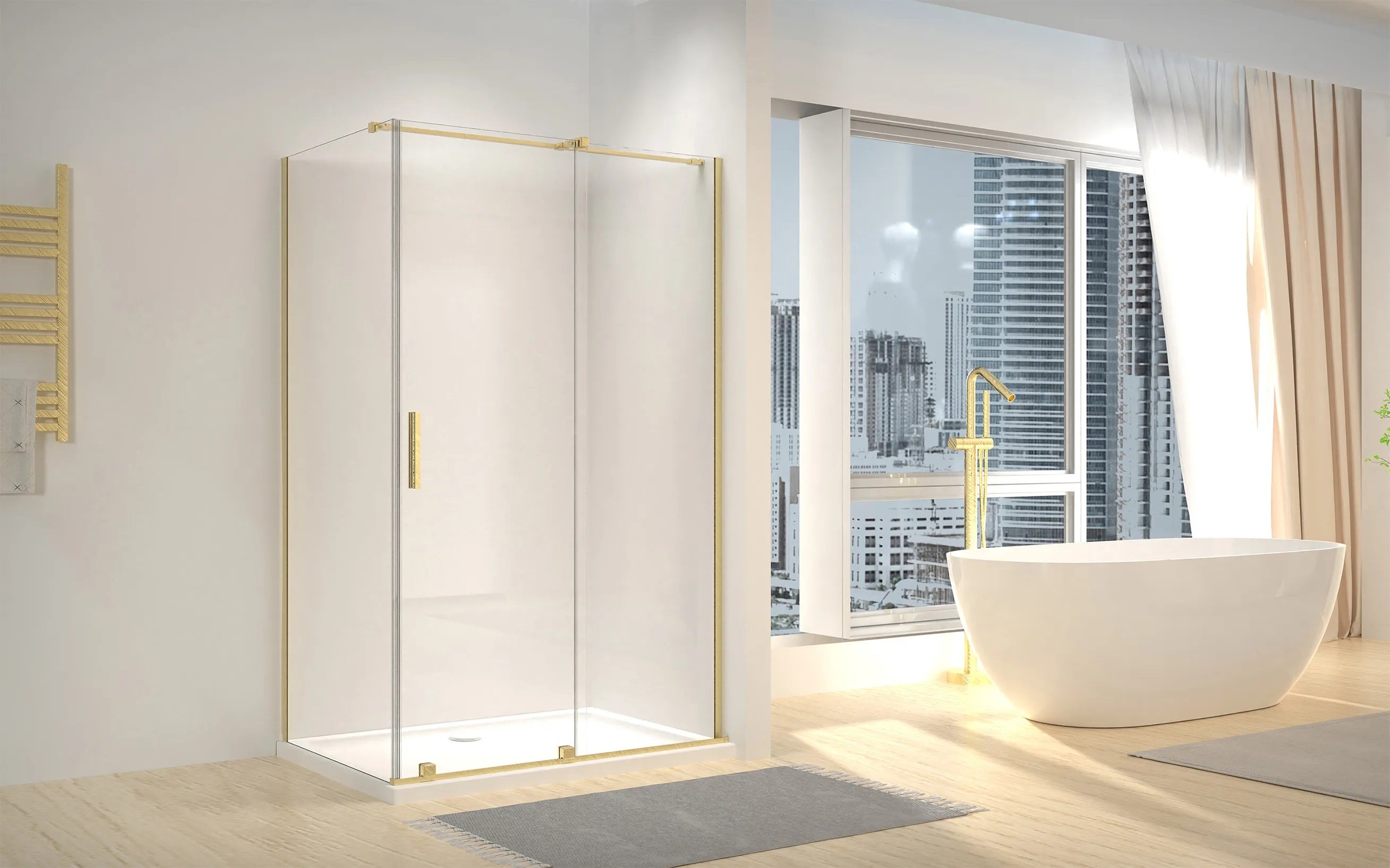 Душ кабина Rea Montana Brushed Gold 80x120 в модерна баня, 6 мм прозрачно стъкло, обков в драскано злато - KERANOVA онлайн магазин