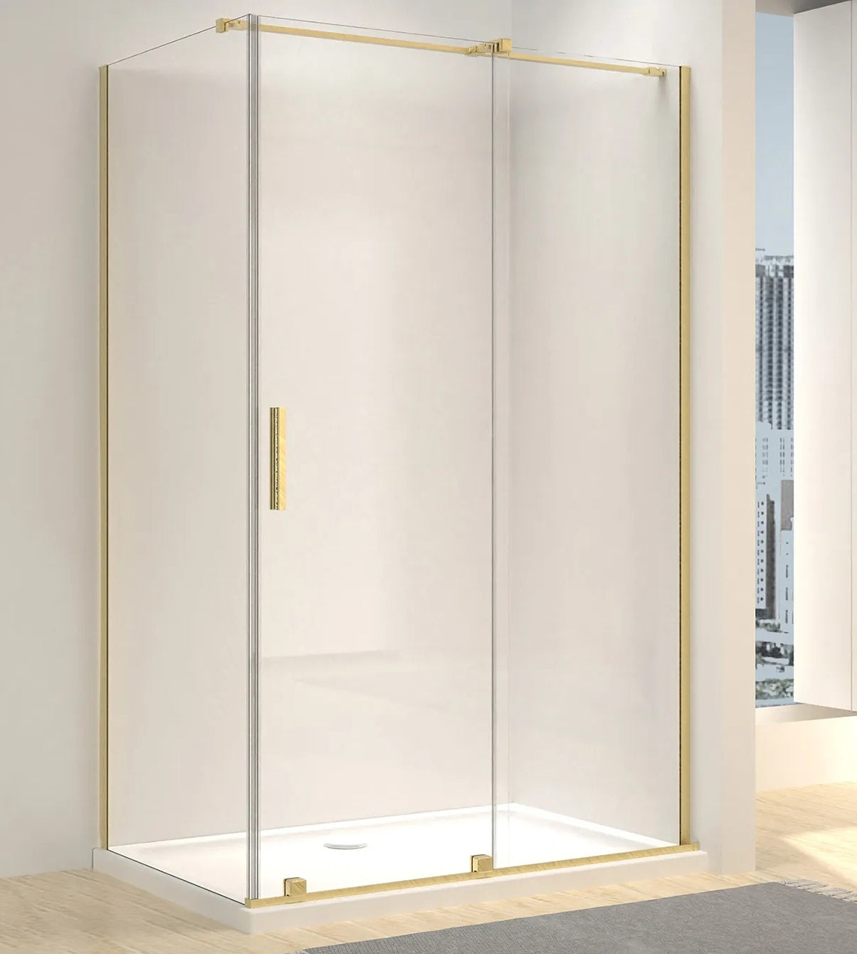 Душ кабина Rea Montana Brushed Gold 80x100 - луксозна 80x100 с драскано злато, 6мм закалено стъкло, AntiCalc, магнитни уплътнения