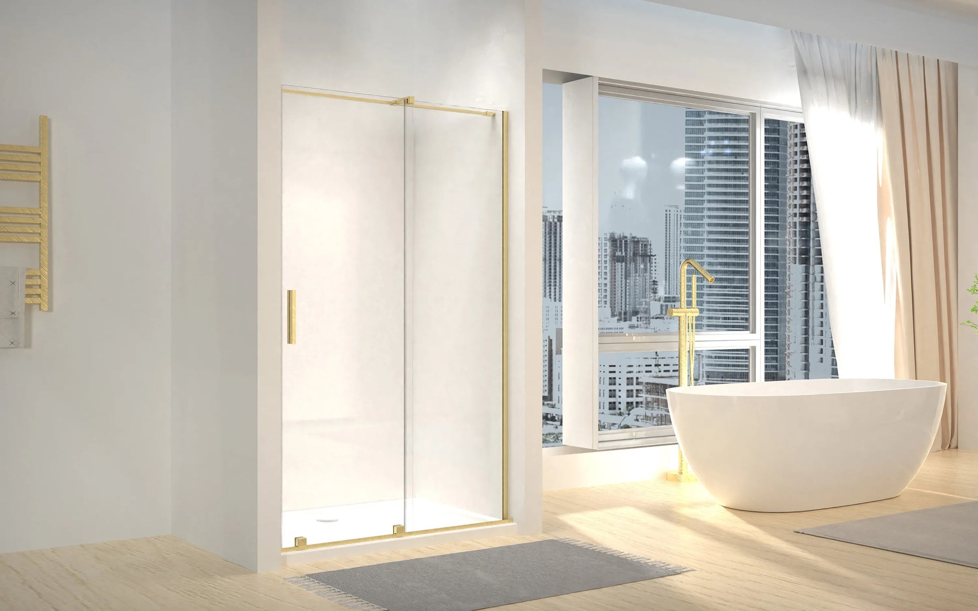 Montana Brushed Gold 130 - 128-130 см. стъклен параван за баня с плъзгаща врата, 6 мм закалено стъкло и антикалк покритие – KERANOVA