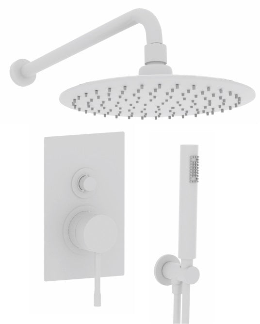 Вграден сет Alpi Blue White бял душ комплект с тънка пита Ø20см, месингово рамо, стенен смесител и слушалка - KERANOVA
