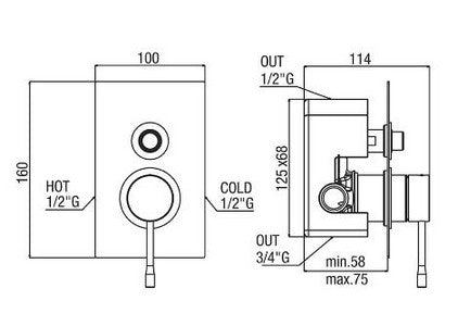 Вграден сет Alpi Blue White - технически чертеж с размери и изводи за вграден смесител за душ, KERANOVA онлайн магазин