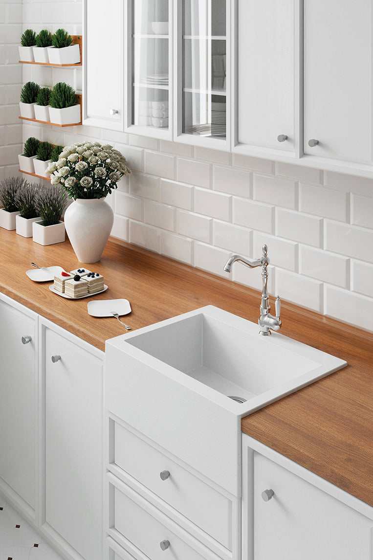 Кухненска мивка Komodo 58х49 см. - 2 цвята. Бяла гранитна мивка Komodo 58х49х22,1 см в модерна кухня за шкаф 60 см