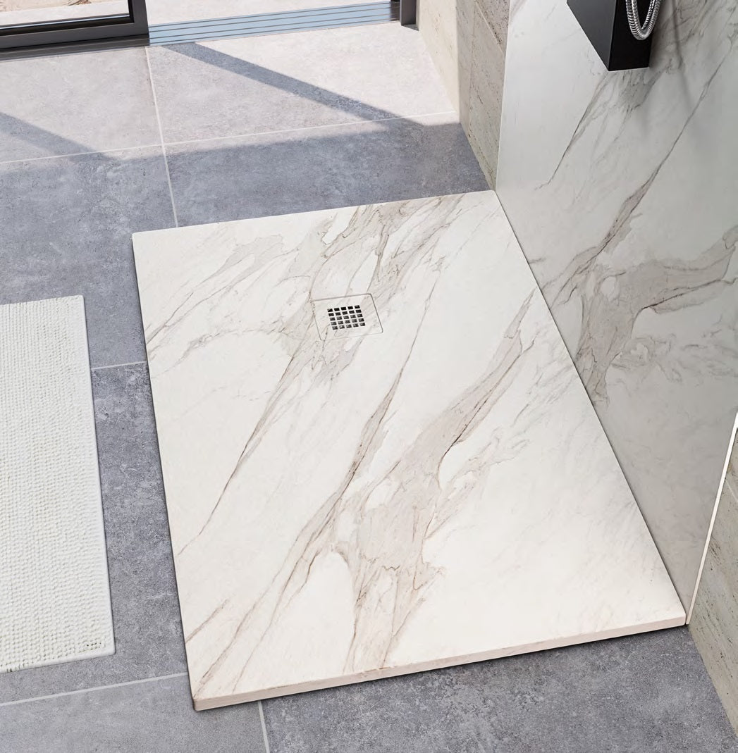 Композитно корито Koral - 4 декора бяло мраморно поддушово корито супер тънко с включен сифон за онлайн магазин KERANOVA