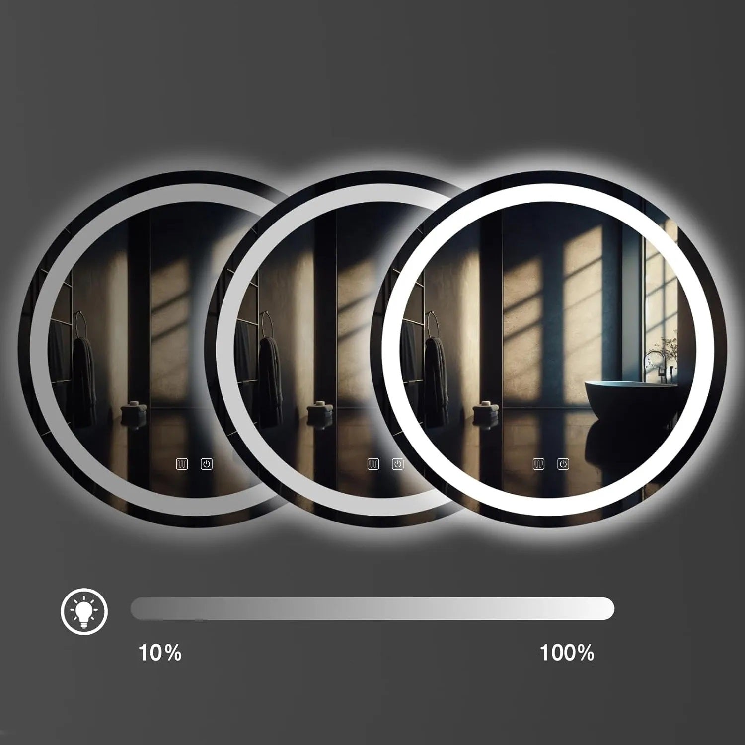 Огледало с осветление и подгрев BAS Ф70 см. LED огледало за баня с подгряване, три цвята светлина, димиране и touch управление - KERANOVA