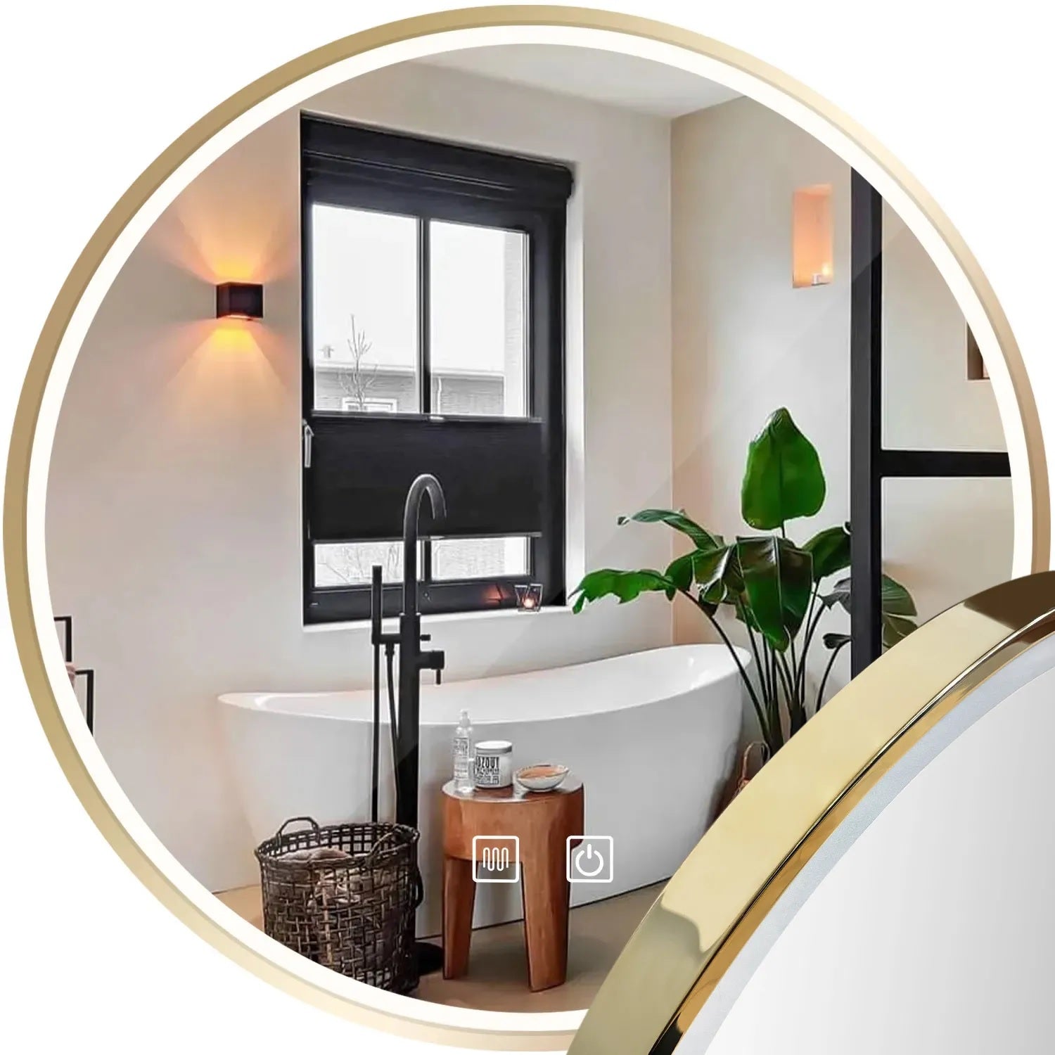 Огледало с осветление и подгрев MMJ Gold Ф70 см. - златно кръгло огледало с LED и нагревател за баня, онлайн магазин за обзавеждане за бани KERANOVA