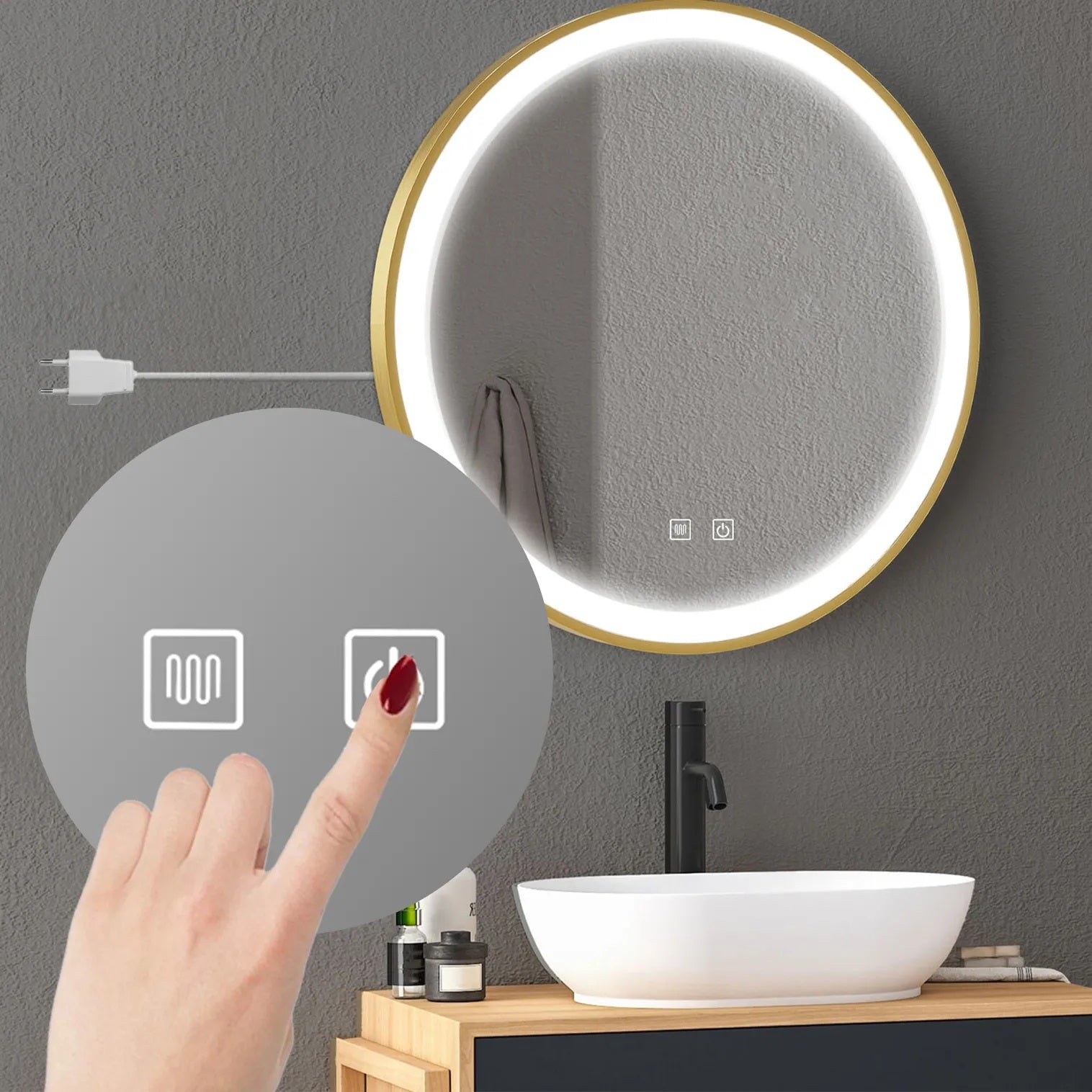 Огледало с осветление и подгрев MMJ Gold Ф90 см. златно кръгло огледало с LED, touch управление и антифог - KERANOVA