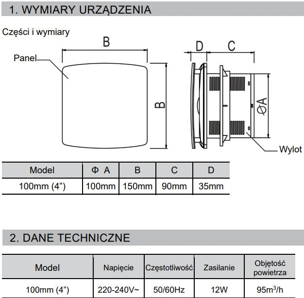 Вентилатор за баня LFS100 - бял панел, технически чертеж с размери (ØA 100mm, B 150mm, C 90mm, D 35mm) за онлайн магазин KERANOVA