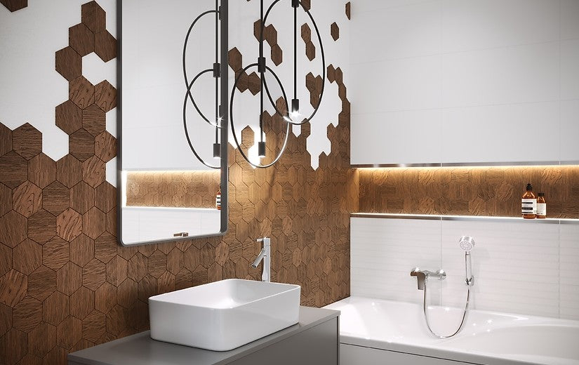 Баня Lovely White 30x60 Cersanit - бяла лъскава баня с правоъгълна мивка и декоративни дървесни шестоъгълни плочки, KERANOVA