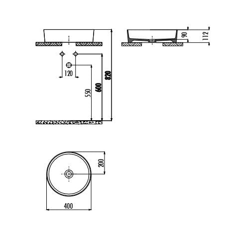 Мивка за плот Loop Ф40 см. тънка снежнобяла порцеланова за монтаж върху плот, технически чертеж с размери Ø400 мм, височина 112 мм, KERANOVA