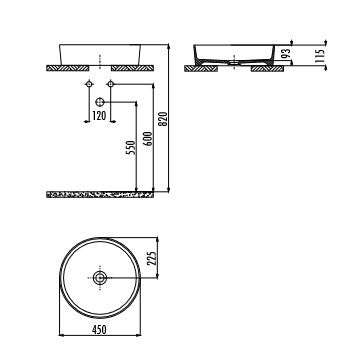 Мивка за плот Loop Ф45 см. технически чертеж с размери 450 мм диаметър, монтаж върху плот, снежнобяла порцеланова мивка KERANOVA