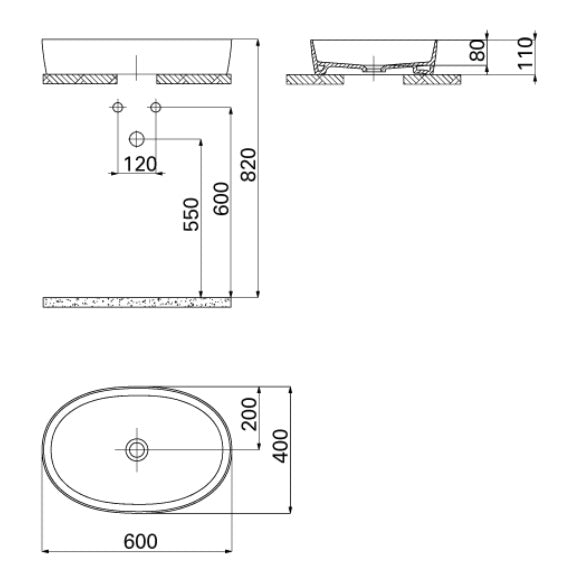Мивка за плот Loop 60х40 см. - технически чертеж с размери 600x400 мм, монтаж върху плот, височина 80-110 мм, включен отвор за сифона