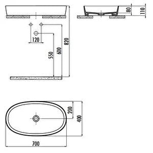 Мивка за плот Loop 70х40 см. - снежнобяла тънкостенна порцеланова мивка за монтаж върху плот, технически чертеж и размери