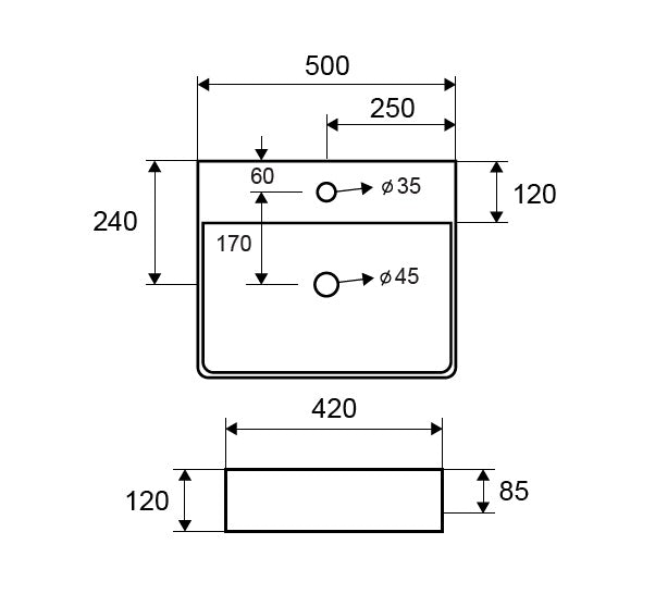 Черна мивка LT-2173-S MATBLACK 50x42 см. технически чертеж с размери 50x42x12 см за онлайн магазин KERANOVA