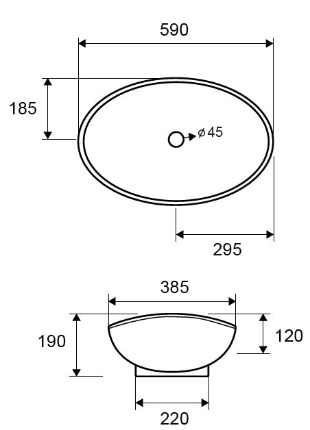 Купа LT-3076 59х38,5 см. тънка стенна мивка за плот, технически размери 59x38.5 см, диаметър отвор Ø45, онлайн магазин KERANOVA